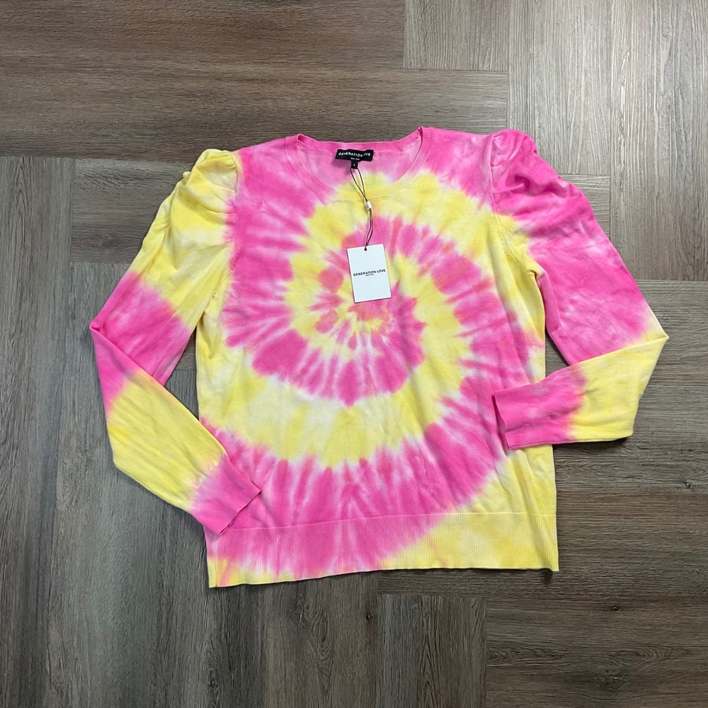 NWT Generation Love Felicity Tie Dye Puff Sleeve Sweater Women Large Yellow Pink
